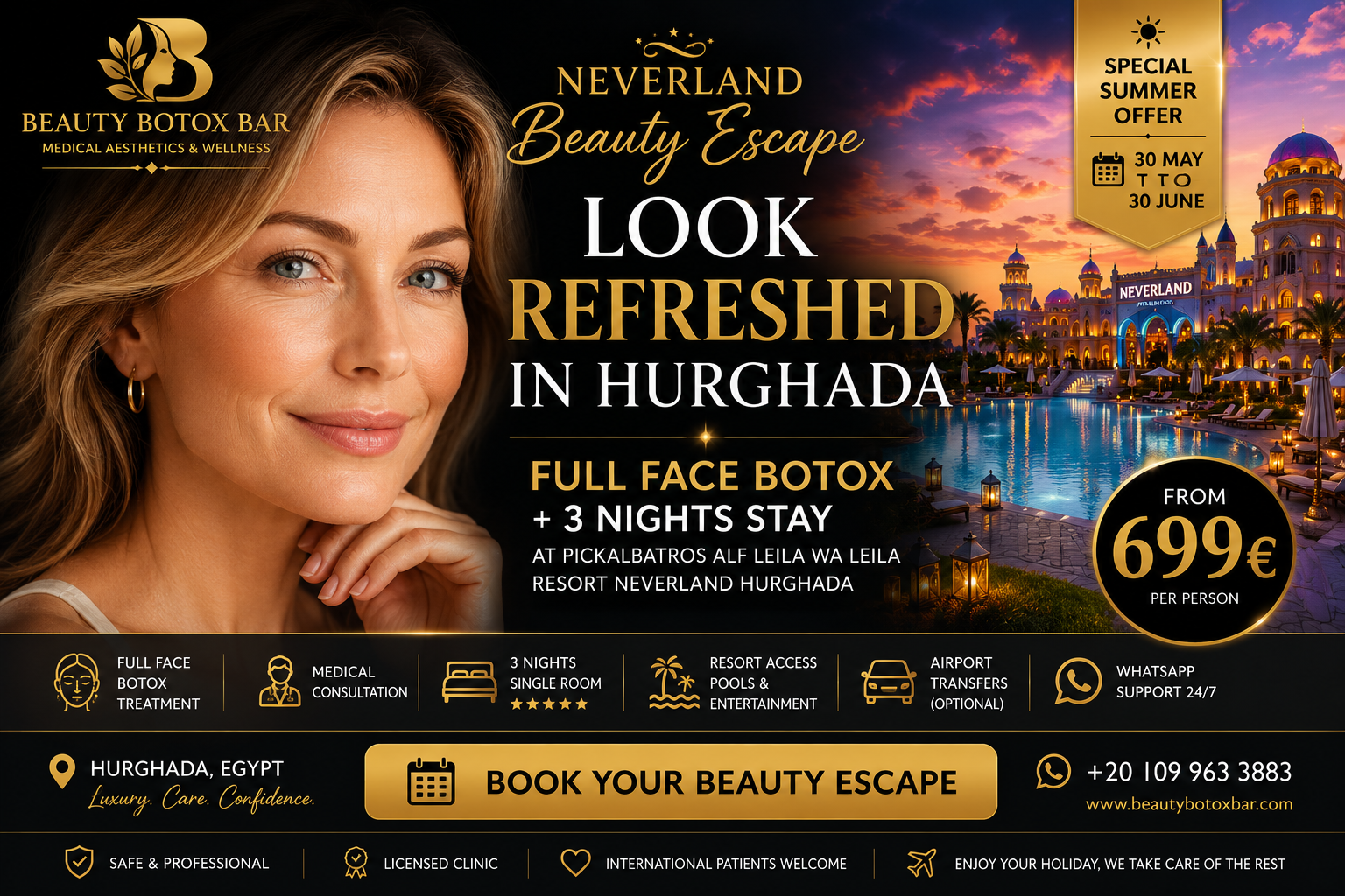 Full face Botox and Neverland Hurghada beauty escape advertisement