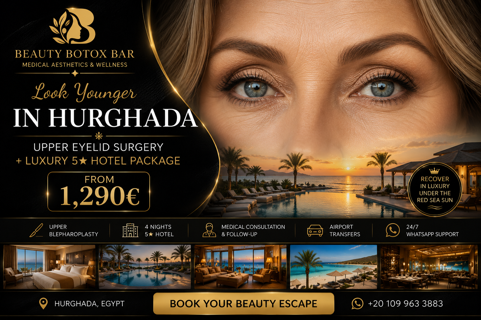 Upper eyelid surgery and 5-star hotel package advertisement